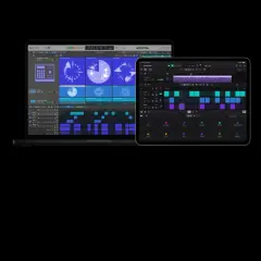 Laptop und Tablet zeigen die Benutzeroberfläche von Logic Pro. Ein Logic Pro Tutorial könnte hier beginnen.