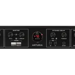 Arturia Pitch Shifter VST: schwarzes Rack-Gerät mit Reglern für Input, Shifter, Pitched Delay und Output.