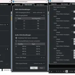 Cubase: Metronom-Einstellungen zeigen, dass kein Ton für den Click eingestellt ist. MIDI- und Audio-Click sind aktiviert, aber die Ausgänge sind nicht verbunden.