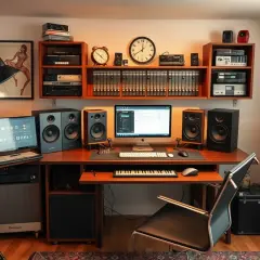 Ein Musikstudio mit Computern, Lautsprechern und einem Keyboard. Hier entstehen Meisterwerke im **aiff format**.