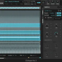 iZotope Iris 2: Wellenform-Analyse mit blauen Frequenzbändern, Sample-Einstellungen und Master-Effekten.