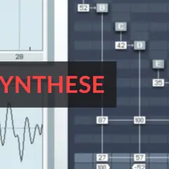 FM-Synthese-Diagramm mit Wellenformen und Noten. Die Frequenzmodulation wird hier visuell dargestellt.