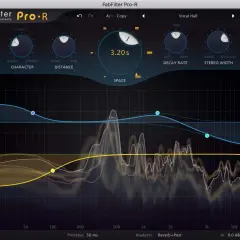 FabFilter Pro-R: Ein Reverb VST mit detaillierter EQ-Analyse und Reglern für Helligkeit, Charakter, Distanz und Decay Rate.