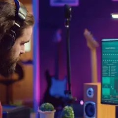 Mann mit Kopfhörern am Computer, der an Musik-Mixing-Tipps arbeitet. Auf dem Bildschirm ist eine digitale Audio-Workstation zu sehen.