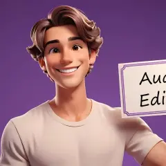 Ein lächelnder Mann hält ein Schild mit der Aufschrift "Audio Editor". Er ist ein kreativer video sound editor.