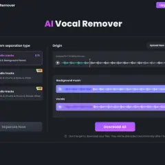 KI-gestützter **acapella extractor** trennt Gesang von Musik. Zeigt Wellenformen für Hintergrundmusik und Gesang.