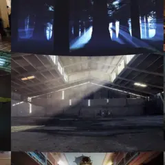 Collage aus verschiedenen Orten: Kirche, Waldlichtung, leeres Theater, Lagerhalle, Konzertbühne, Tunnel. Ein Ort für convology xt.