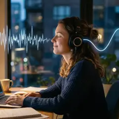Frau hört über Kopfhörer entspannende adobe sounds, während sie am Laptop arbeitet. Wellenformen visualisieren den Klang.