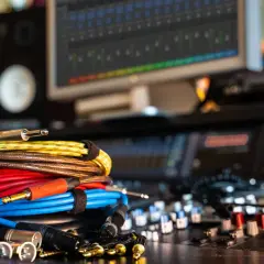 Bunte Kabel für ein **isolated power supply** liegen auf einem Mischpult. Im Hintergrund ein Monitor mit Software.