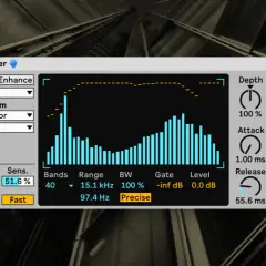 Ableton Vocoder-Interface mit Frequenzbalken und Reglern für Stereo-Effekte.