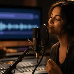 Sängerin im Studio, die eine Aufnahme macht. Auf dem Bildschirm ist eine Wellenform zu sehen, die das Ergebnis von Aliasing zeigt, wenn Frequenzen nicht richtig abgetastet werden.
