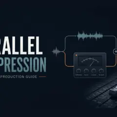 Grafik erklärt parallel compression: Wellenformen, Kompressor-Interface mit Reglern und Mischpult-Fader.