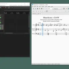 MuseScore 4 zeigt eine Partitur mit Oboe, Hörnern und Streichern, die in einer DAW mit VST-Instrumenten wiedergegeben wird.
