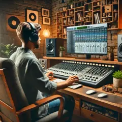 Mann im Tonstudio mit Kopfhörern, der an einem Mischpult arbeitet. Der Bildschirm zeigt eine DAW mit vielen Spuren, die auf die besten Plugins für die Musikproduktion hindeuten.