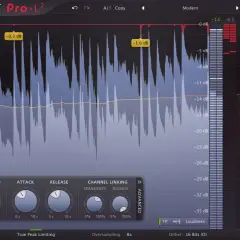 FabFilter Pro-L2 Limiter zeigt dynamische Waves L2-Analyse mit Pegelanzeigen und Reglern für Attack, Release und Gain.