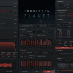 Das Interface des Forbidden Planet opus vst zeigt detaillierte Regler für Arpeggiatoren, Hüllkurven und Effekte.