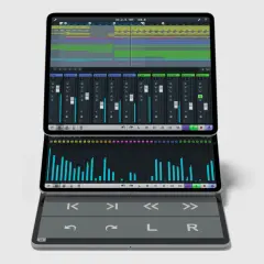 Ein Tablet zeigt die Cubase IC Pro Benutzeroberfläche mit einer Musik-Timeline und Mixer-Fadern.