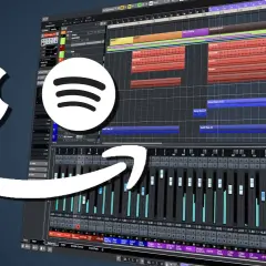 Apple, Spotify, Amazon Logos über einer Musikproduktionssoftware, die für best mastering plugins steht.