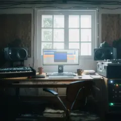 Musikstudio mit Computermonitor, Tastatur, Lautsprechern und Synthesizer. Hier entstehen Klänge mit digitalen und analogen felt instruments.