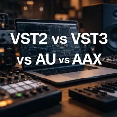 Musikproduktion: VST2 vs VST3, AU vs AAX. Ein Laptop mit DAW, Keyboards und Studio-Equipment.