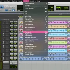 Pro Tools Menü "Window" zeigt "Transport" an, nützlich für pro tools shortcuts.
