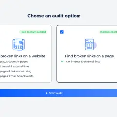 Wähle eine Option: Website-Audit für defekte Links (4xx Statuscodes, interne/externe Links, Überwachung, Benachrichtigungen) oder Seiten-Audit für defekte Links (4xx interne/externe Links).