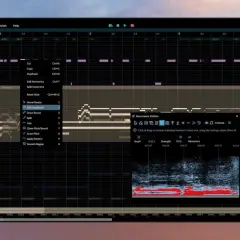 Ein Musikproduktionsprogramm zeigt eine Spur namens "Master" mit Wellenformen und Bearbeitungswerkzeugen.
