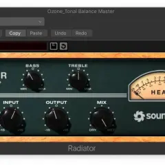 Ein digitales Audio-Plugin mit Reglern für Bass, Treble, Input, Output und Mix. Ein Messgerät zeigt "HEAT" an. Der Name des Plugins ist "Radiator".