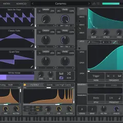 Synthesizer-Interface mit Wellenformen, Reglern und LFOs. Hier gibt es viele Möglichkeiten, um mit den **ableton plugins free** einzigartige Sounds zu kreieren.