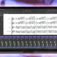 Notenblatt mit Instrumenten-Mixer auf einem Laptop. Erleben Sie MuseScore für Ihre musikalischen Ideen.