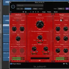 Ein rotes Plugin-Fenster mit Reglern für einen Bass-Amp-VST. Es zeigt die Einstellungen für Subharmonics, Edge und Filter.