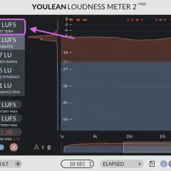 Das Youlean Loudness Meter zeigt -6.9 LUFS (Short Term) an. Ein Pfeil deutet auf die Anzeige des audio metering.