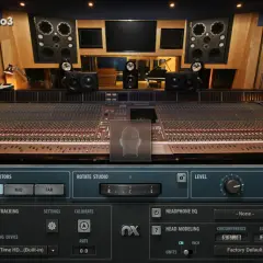 Das Abbey Road Studio 3 mit Mischpult, Lautsprechern und Piano. Waves Audio-Software mit Head Tracking und EQ-Einstellungen.