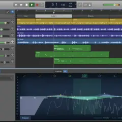 Digital audio workstation showing tracks for vocals, guitar, piano, and synths. The voice recorder software displays an EQ graph for "Pop Vocal".