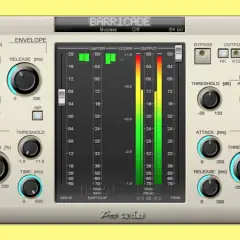Barricade Limiter VST: Ein digitales Audio-Plugin mit Reglern für Hysteresis, Release, Link, XCorr, Side Gain, Attack und Threshold.