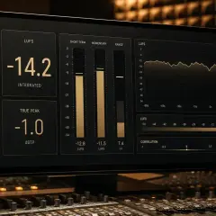 Monitor in einem Tonstudio zeigt Audio-Messwerte, darunter LUFS und TRUE PEAK bei -1.0 dBTP.