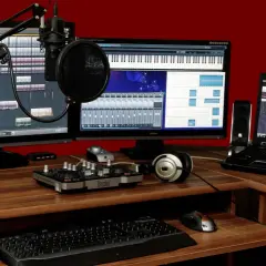 Ein Musikstudio mit zwei Monitoren, Mikrofon, Kopfhörern und einem Laptop. Perfekt für die Erstellung von **intro sounds**.