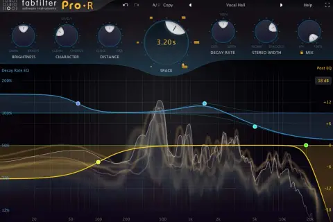 FabFilter Pro-R: Ein Reverb VST mit detaillierter EQ-Analyse und Reglern für Helligkeit, Charakter, Distanz und Decay Rate.