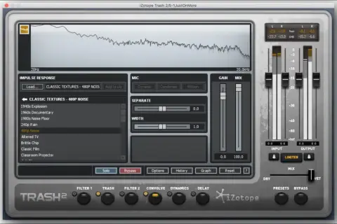 iZotope Trash 2: Ein Audio-Plugin mit Frequenzanalyse, Impulsantworten wie "480p Noise" und Reglern für Mikrofon, Gain und Mix.