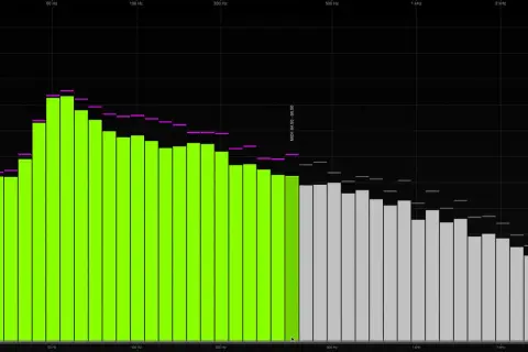 Spektrumanalysator zeigt einen deutlichen bass cut bei ca. 500 Hz. Grüne Balken repräsentieren tiefe Frequenzen, graue höhere.