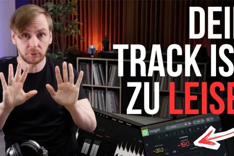 Mann zeigt Hände, Text "DEIN TRACK IST ZU LEISE!", Software zeigt LUFS-Werte für Mastering.