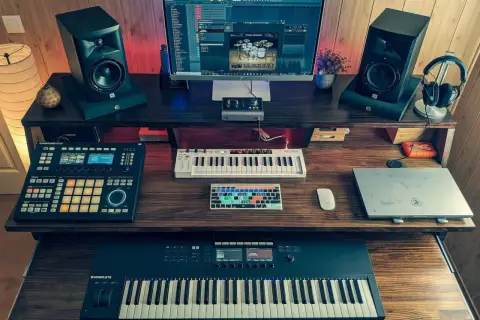 Ein Studio-Setup für einen Rap Beat Maker mit zwei Monitoren, Keyboards, Pads und Lautsprechern.