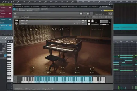 Native Instruments NOIRE Felt: ein virtuelles Klavier-Instrument mit einem Flügel und Reglern für Klang, Dynamik und Effekte.