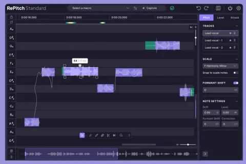 Bearbeitung von Gesangsspuren in RePitch Standard. Die Software ermöglicht präzise Tonhöhenkorrekturen für einen autotune free Sound.