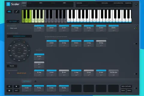 Scaler 2 zeigt eine Musiksoftware mit virtueller Klaviatur und Akkordvorschlägen.