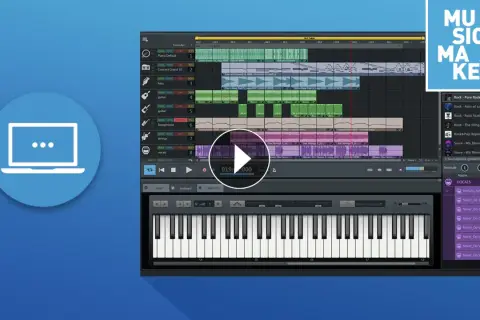 Musik-Software zeigt, wie man Musik macht: Spuren für Piano, Bass, Gitarre, Saxophon, Strings und Vocals.