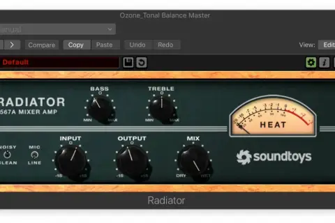 Ein digitales Audio-Plugin mit Reglern für Bass, Treble, Input, Output und Mix. Ein Messgerät zeigt "HEAT" an. Der Name des Plugins ist "Radiator".