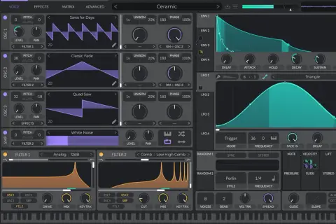 Synthesizer-Interface mit Wellenformen, Reglern und LFOs. Hier gibt es viele Möglichkeiten, um mit den **ableton plugins free** einzigartige Sounds zu kreieren.
