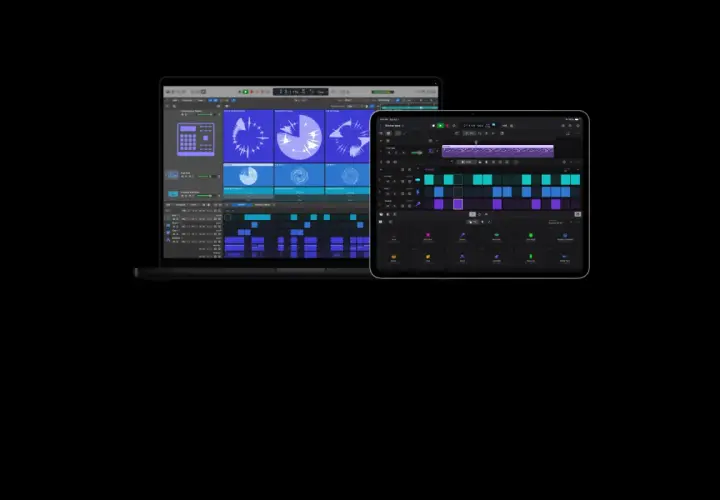 Laptop und Tablet zeigen die Benutzeroberfläche von Logic Pro. Ein Logic Pro Tutorial könnte hier beginnen.