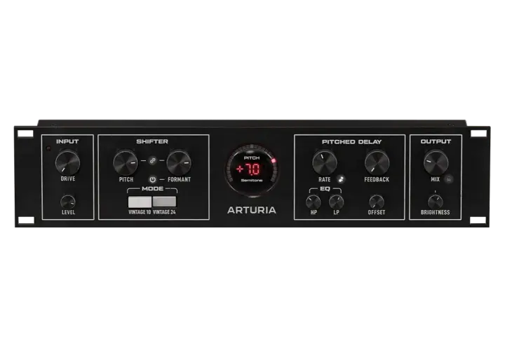 Arturia Pitch Shifter VST: schwarzes Rack-Gerät mit Reglern für Input, Shifter, Pitched Delay und Output.